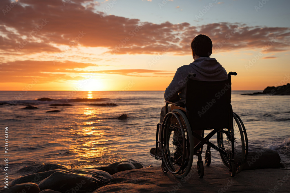 Contemplative Man in Wheelchair at Seaside Sunset