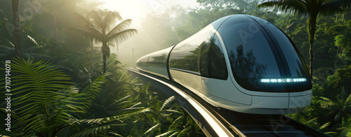 A futuristic train glides through a lush tropical rainforest, a vision of advanced transportation seamlessly integrated with nature