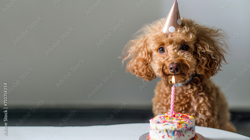 Poodle dog wearing a birthday hat in front of a birthday cake isolated ...