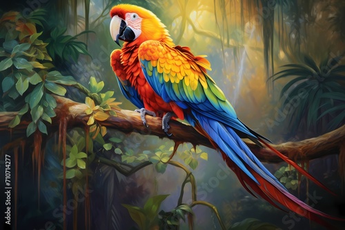 A vibrant macaw perched on a branch, its colorful feathers gleaming in the lush rainforest.