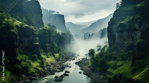 Mystical Canyon River in Morning Fog
