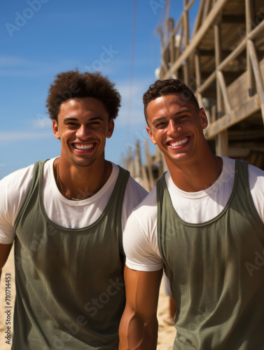 Two Friends Smiling Together on Beach