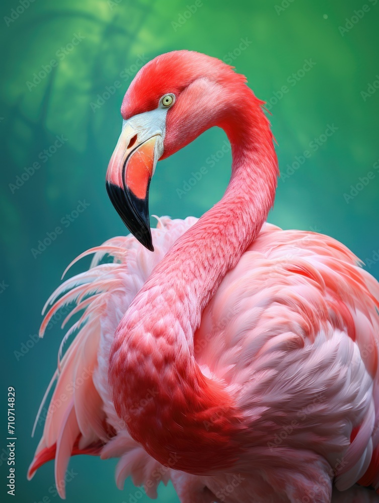 Fototapeta premium Vibrant Pink Flamingo On Green Background