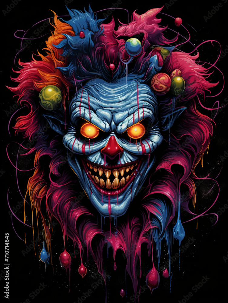 T-shirt design inspired by a terrifying clown, black background created with Generative Ai T-shirt design inspired by a terrifying clown, black background created with Generative Ai