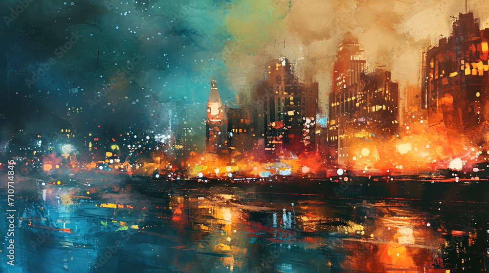 An amazing watercolor landscape, in which city buildings are overwhelmed by colorful lights in the