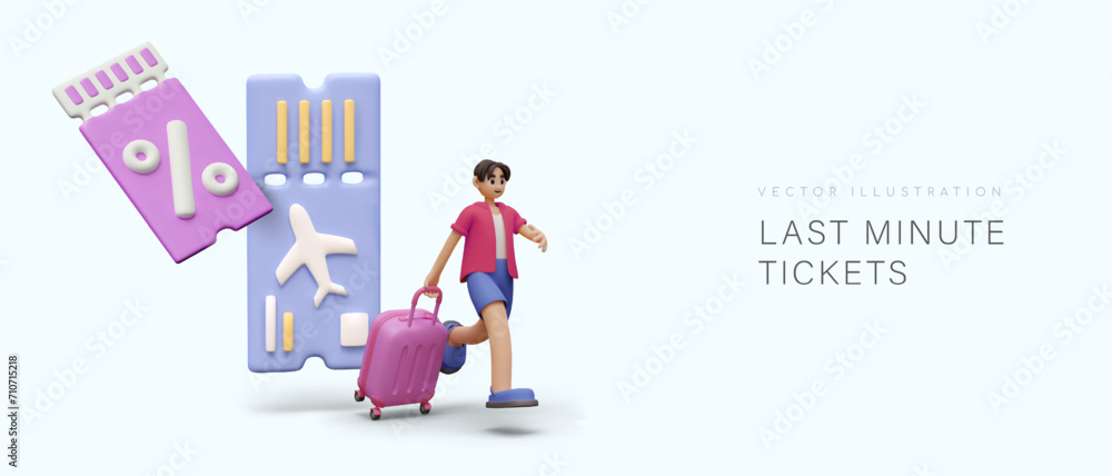 Last minute tickets. Discount travel concept. Low cost tours. Male character is running with suitcase. Grab discounts. Hot offer vector advertising poster