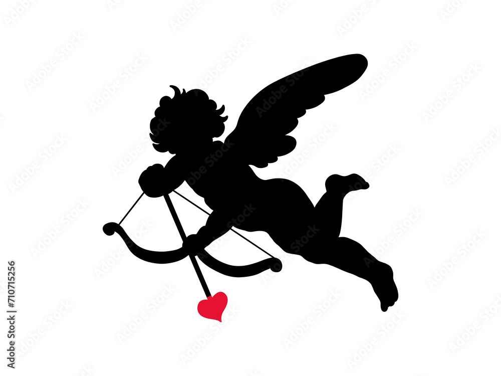 Fototapeta premium Cherub silhouette Valentines day. Cute cupid angel with wings, arrow and bow isolated on white background. Vector illustration