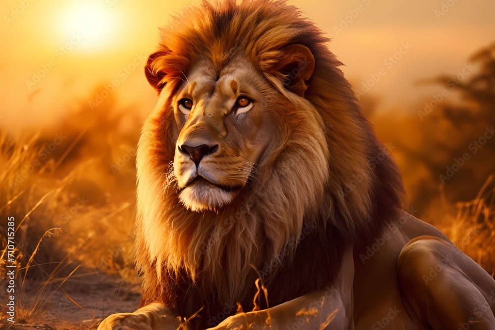 Majestic lion resting in the golden savanna under the morning sun, its mane illuminated, watching over its territory.