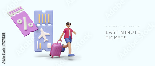 Last minute tickets. Discount travel concept. Low cost tours. Male character is running with suitcase. Grab discounts. Hot offer vector advertising poster