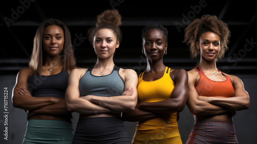Group of Four Diverse Female Athletes Standing Together