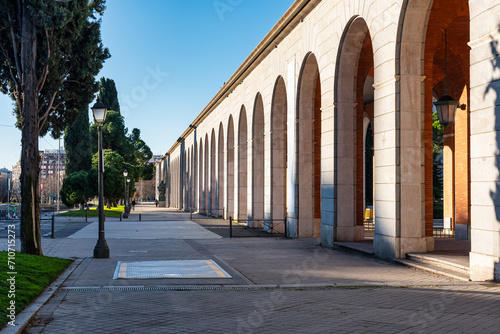 Arches of the new ministry buildings on the Paseo de la Castellana in Madrid, Spain.