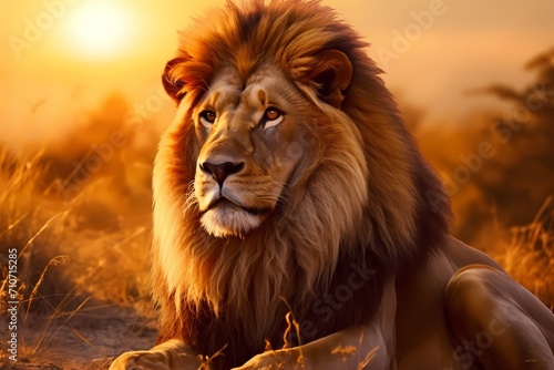 Majestic lion resting in the golden savanna under the morning sun, its mane illuminated, watching over its territory. © Animals