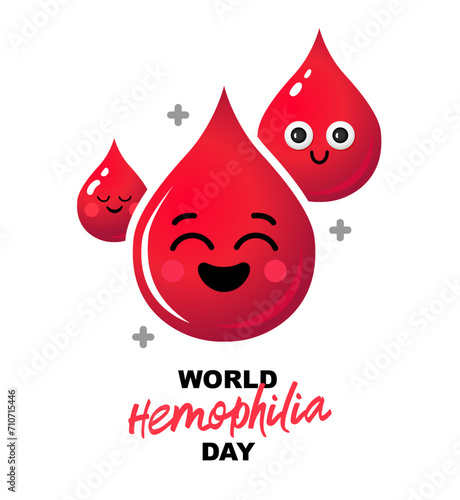 Three cartoon smiling and cute drops of blood. World Hemophilia Day. Blood clotting disorder.