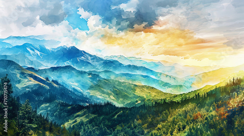 Poetic watercolor, in which mountains reveal their beauty under the influence of the rising sun