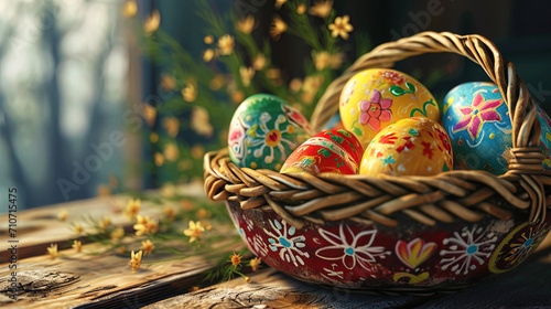 Painted Easter eggs in a decorative basket, ready for a gift