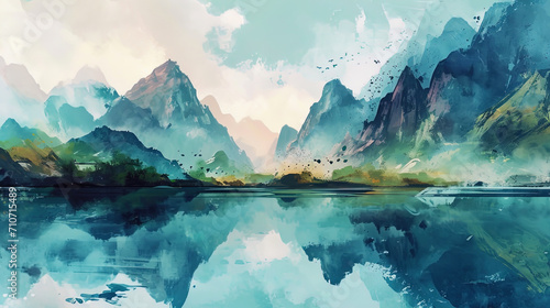 Tender and dreamy watercolor, embodied in itself beautiful mountains, reflected in a quiet pond photo