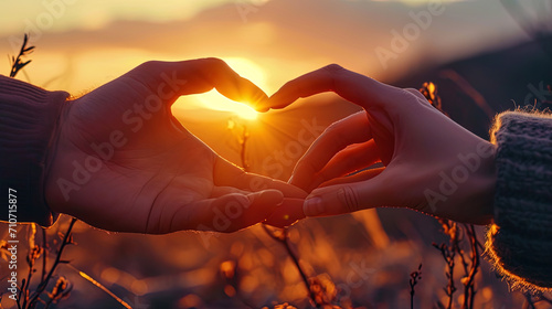 An plexus of the hands of lovers, creating a picturesque heart in sunset rays