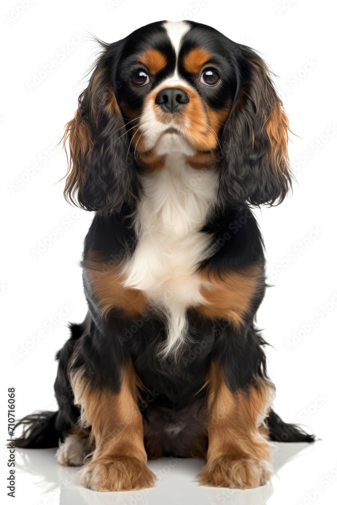 Cute Cavalier King Charles Spaniel dog looking to camera on a white background