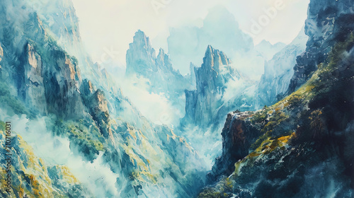 A fairy tale watercolor drawing in which mountains personify dreams and fantasies