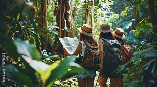 Fototapeta Naklejka Na Ścianę i Meble -  A group of friends with backpacks and a map in their hands goes through the tropical forest, explo