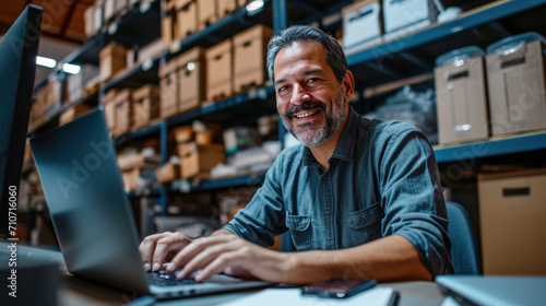 Middle-aged smiling at the camera, working on a laptop in a warehouse with shelves stocked with boxes in the background.
