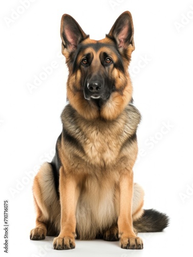 Alert German Shepherd dog looking to camera on a white background.