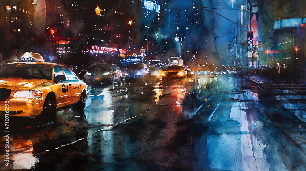 Expressive watercolor, conveying the dynamics of urban movement with bright lights and passing car