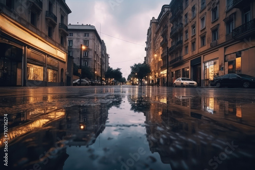  Rain-Slicked City Street at Twilight