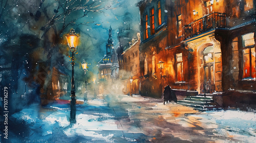 Emotional watercolor, in which the city comes to life under the light of lanterns and bright windo