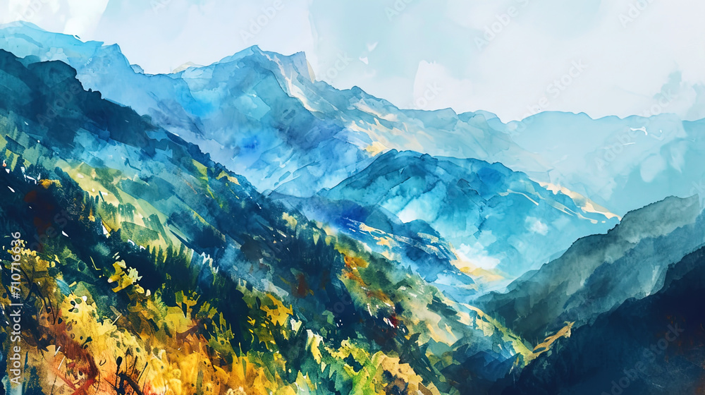 The impressionist watercolor landscape with the mountains, where the colors are mixed, creating an
