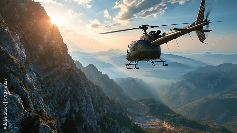 A helicopter in flight over a mountain ridge, like an arrow, striving upward - obrazy, fototapety, plakaty 