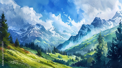 Inspisent watercolor composition of a mountain landscape with soft transitions from the blue sky t