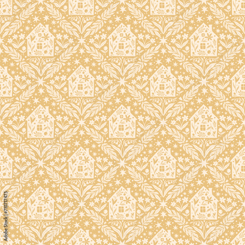 Hand drawn doodle cartoon houses and flower silhouette seamless pattern, cute house seamless texture