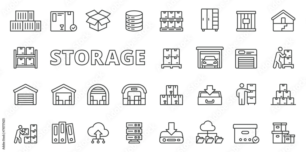 Storage icons in line design. Container, warehouse, box, pallet, warehousing, garage, stockroom isolated on white background vector. Storage editable stroke icon. Storage icons in line design. Container, warehouse, box, pallet, warehousing, garage, stockroom isolated on white background vector. Storage editable stroke icon.