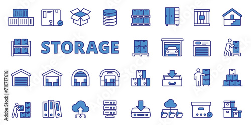 Storage icons in line design blue. Container, warehouse, box, pallet, warehousing, garage, stockroom isolated on white background vector. Storage editable stroke icon.