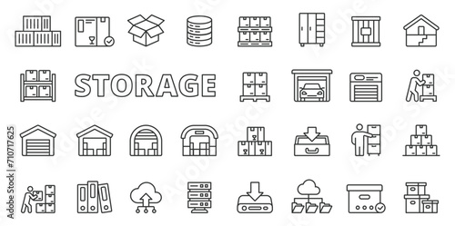 Storage icons in line design. Container, warehouse, box, pallet, warehousing, garage, stockroom isolated on white background vector. Storage editable stroke icon.