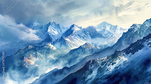 Light and air watercolor, in which mountains are in contact with heaven, creating the impression o