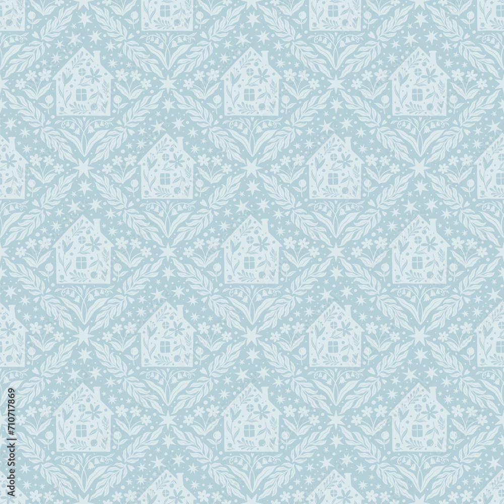 Hand drawn doodle cartoon houses and flower silhouette seamless pattern, cute house seamless texture Hand drawn doodle cartoon houses and flower silhouette seamless pattern, cute house seamless texture