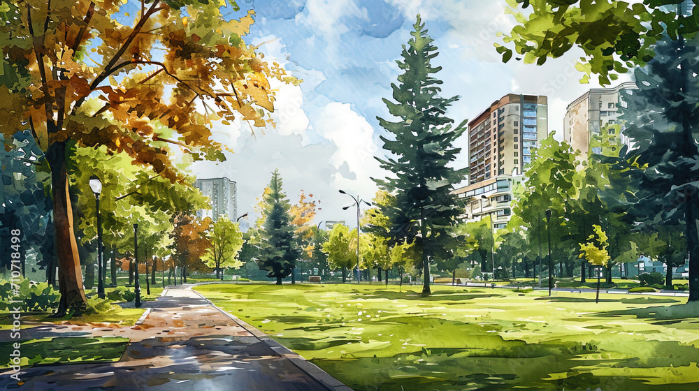 The watercolor picture of the city park with tall trees, green lawns and facades of buildings in t - obrazy, fototapety, plakaty 