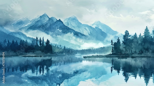 The watercolor landscape, where the mountains are immersed in azure shades, reflected in a cloudle