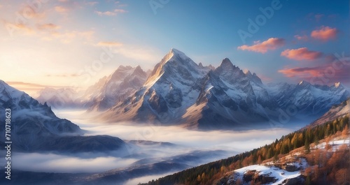 The grandeur of a mountain range at sunrise, with the first light of day illuminating snow-capped peaks, valleys filled with mist, and a sense of awe-inspiring tranquility - Generative AI © Huzaifa