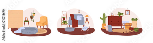 Dirty and messy room interiors collection, flat vector illustration isolated.