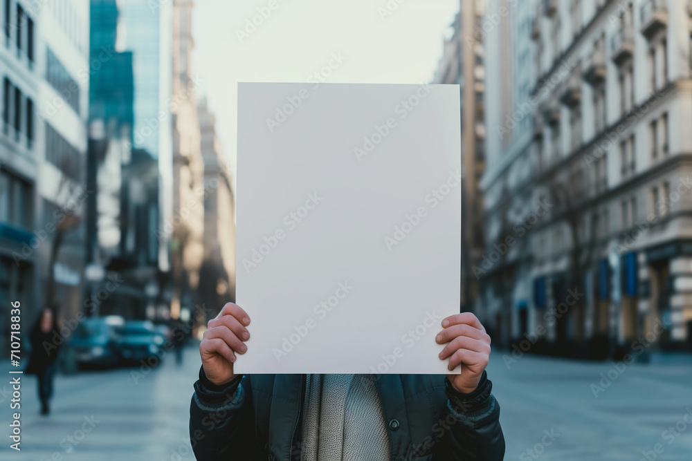 Er steht in der Stadt und hält das Schild hoch es ist ein blanko Schild Er steht in der Stadt und hält das Schild hoch es ist ein blanko Schild