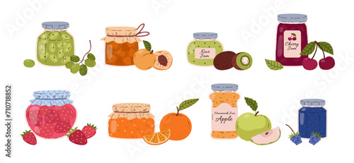 Glass jars with fruit or berries jam vector set, containers with juicy apricot, apple, strawberry confiture, jelly