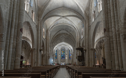 Interior of Saint-Pierre de Montmartre Church in Paris. View of the nave and gothic rib vault ceiling at the Paroisse Saint Pierre de Montmartre or the Church of Saint Peter of Montmartre, France.