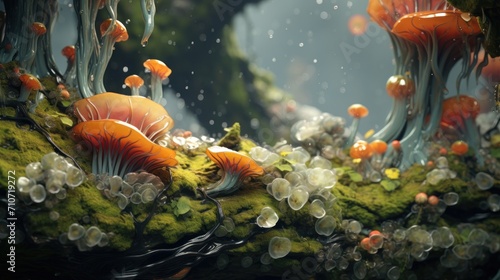  a painting of an underwater scene with orange and white fish and bubbles of water on a mossy, mossy surface.