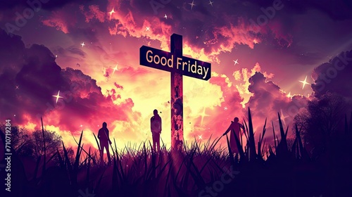 Solemn Commemoration of the Crucifixion on Good Friday with Vibrant Illustration of Jesus on the Cross. photo