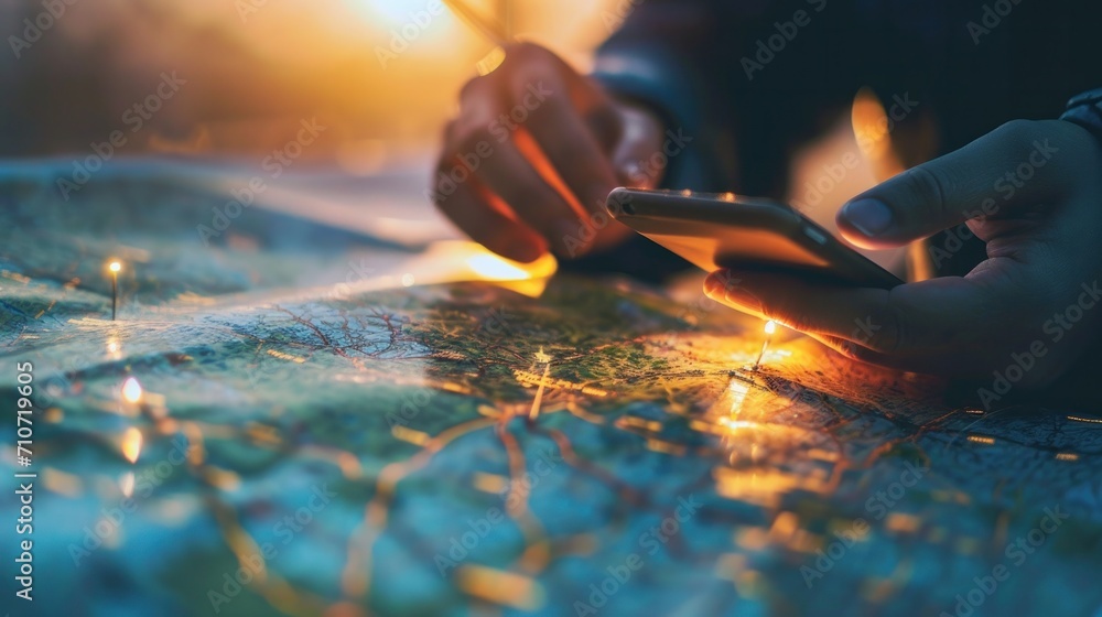 Obraz premium use phone show 3D Map pins, Map travel location, digital, technology, business, communication, GPS, global, connectivity, internet, networking, innovation