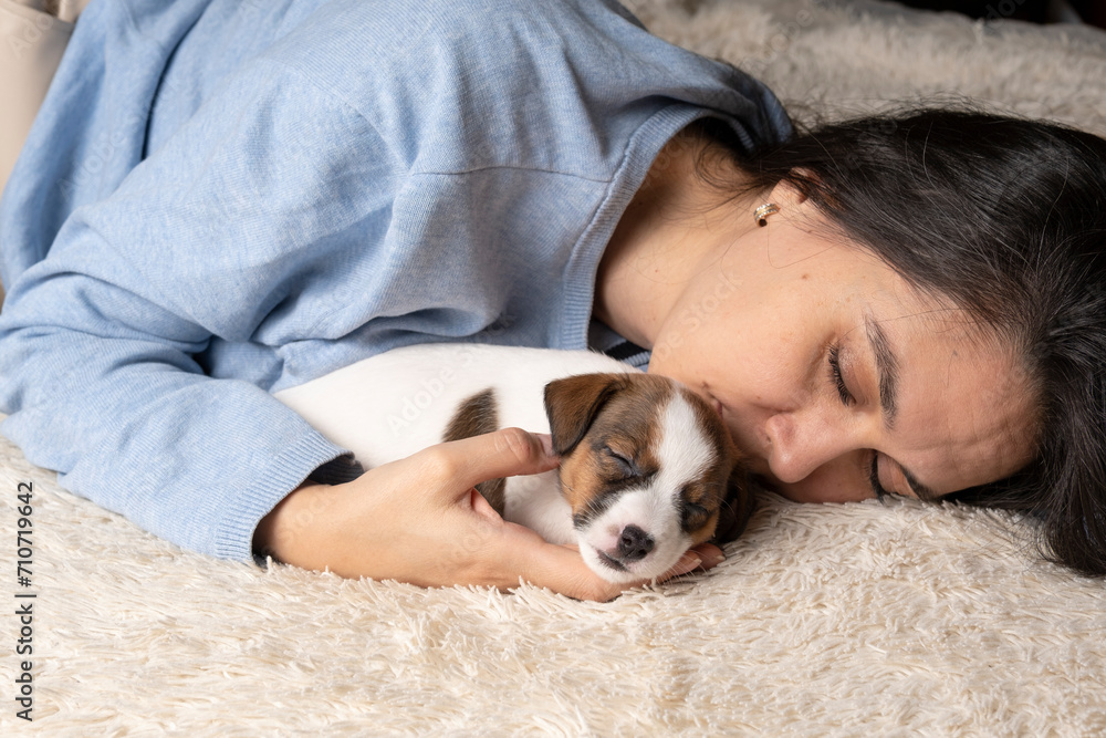 A happy young woman is lying on a bed with a small jack Russell terrier puppy. The concept of loving and caring for pets. A happy young woman is lying on a bed with a small jack Russell terrier puppy. The concept of loving and caring for pets.