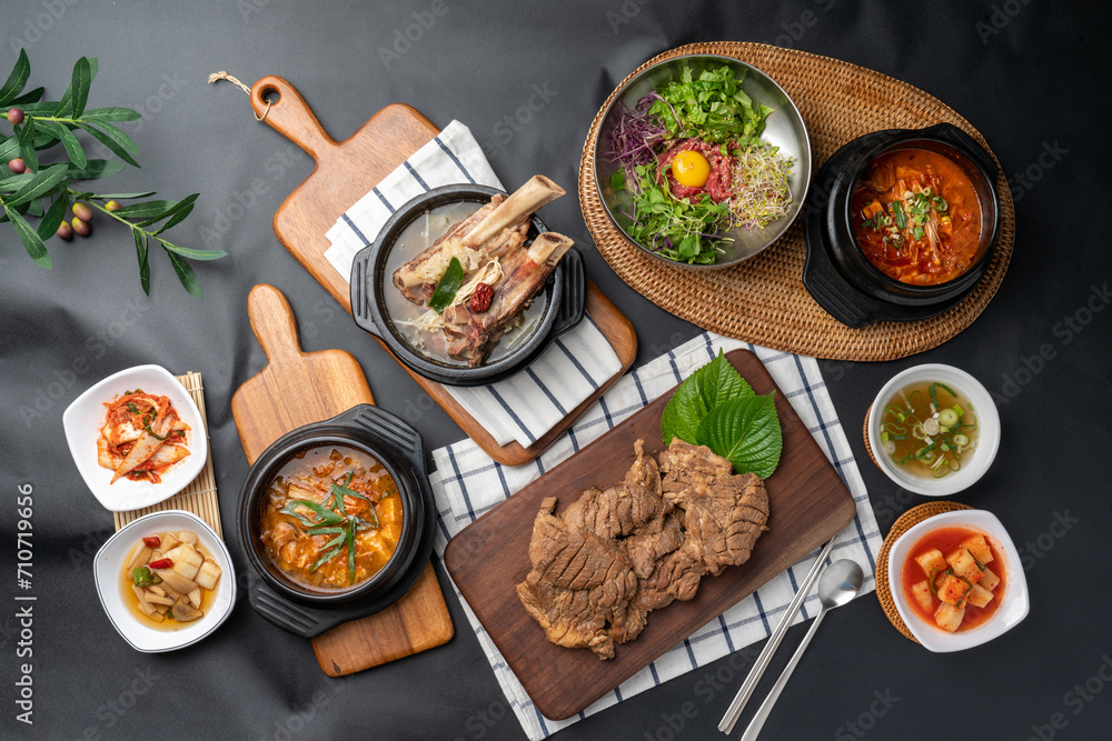 Galbitang, raw beef bibimbap, beef brisket soybean paste stew, raw pork
